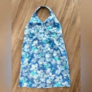 Vintage Blue Floral Babydoll Halter Dress Womens 16 Hawaiian Resortwear Summer